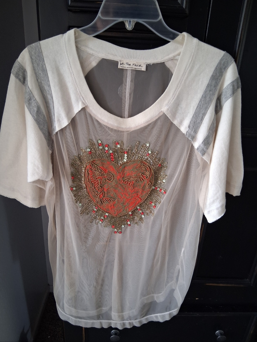 We The Free Cream Short-Sleeve Mesh Top with Red Embellished Heart
